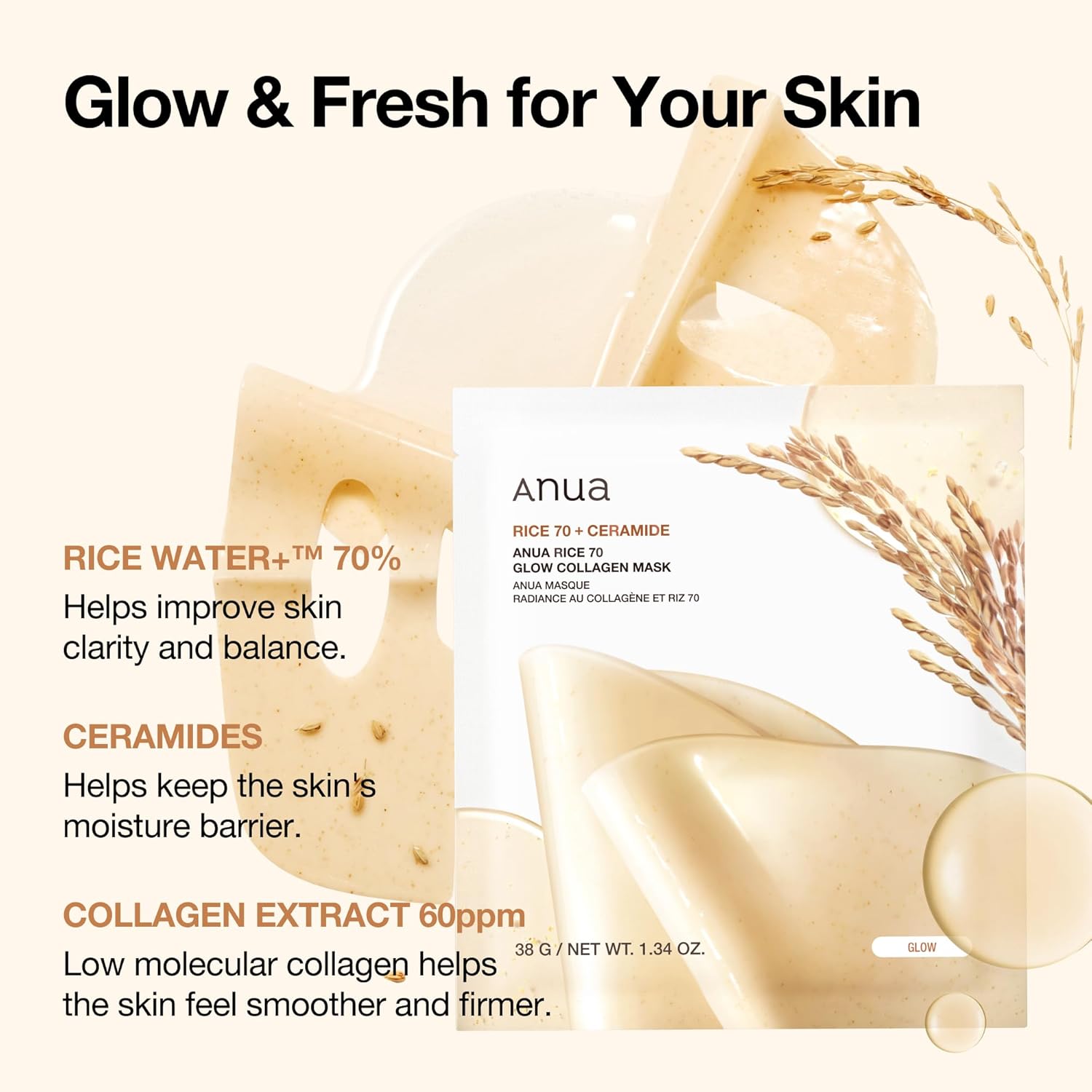 ANUA - RICE 70 GLOW COLLAGEN MASK 1PC - koiyu