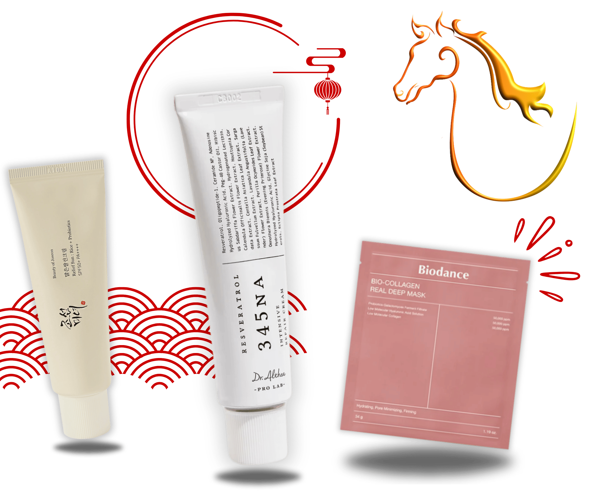 Top Korean skincare essentials: Biodance Collagen Mask, Dr. Althea 345 Cream, and COSRX Advanced Snail 92 All-in-One Cream – Hydrating, firming, and soothing for all skin types.