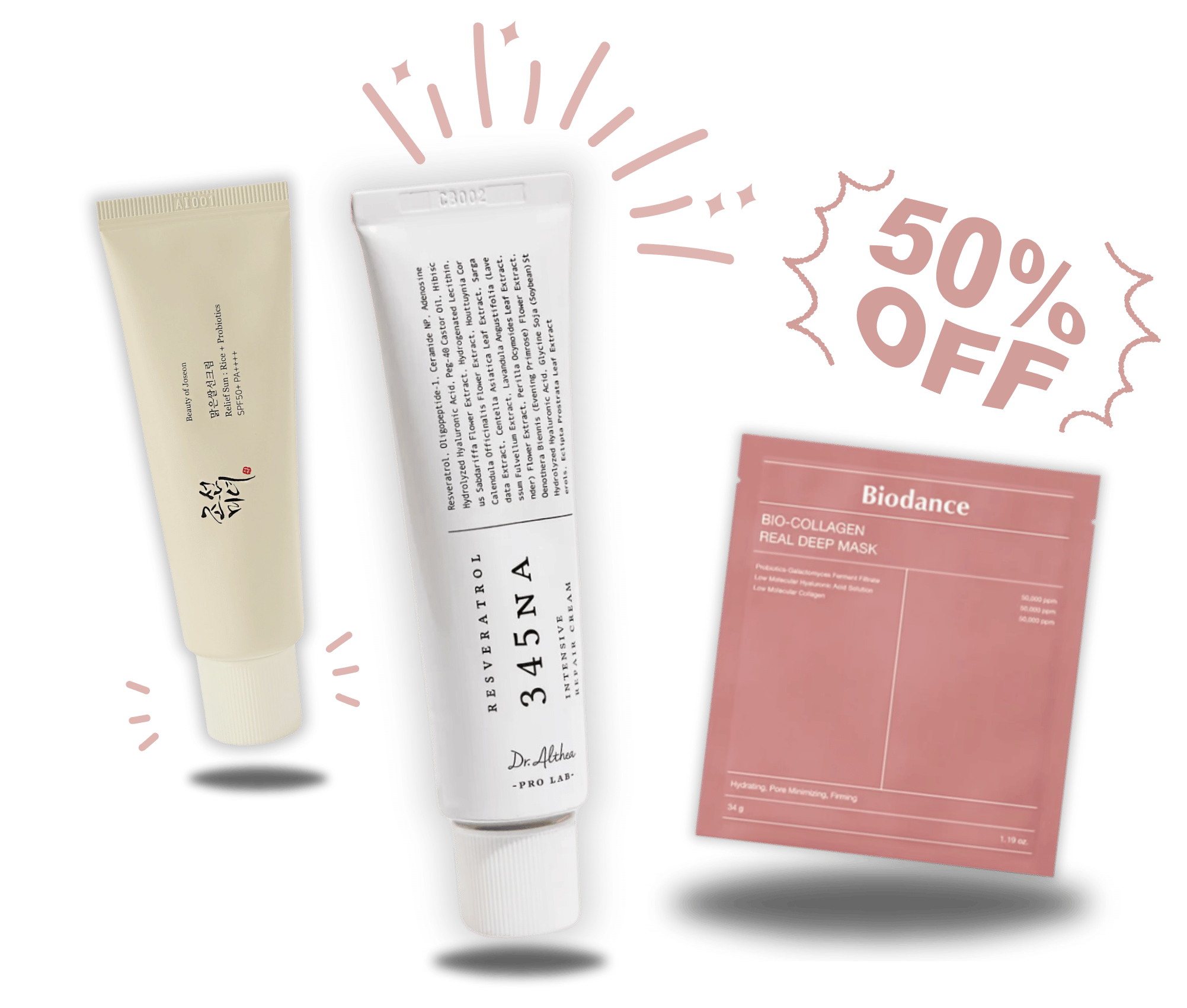 Top Korean skincare essentials: Biodance Collagen Mask, Dr. Althea 345 Cream, and COSRX Advanced Snail 92 All-in-One Cream – Hydrating, firming, and soothing for all skin types.