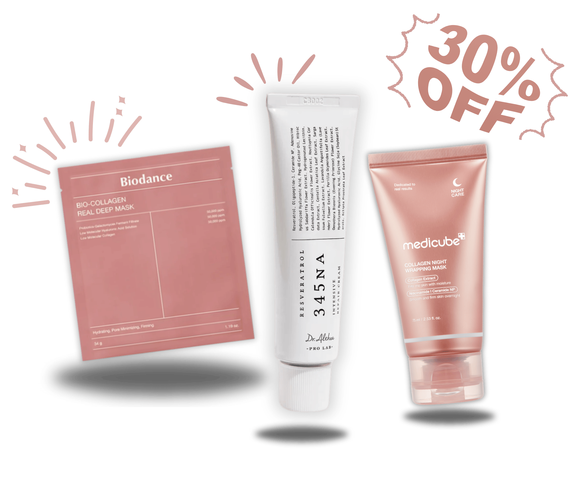 Top Korean skincare essentials: Biodance Collagen Mask, Dr. Althea 345 Cream, and COSRX Advanced Snail 92 All-in-One Cream – Hydrating, firming, and soothing for all skin types.