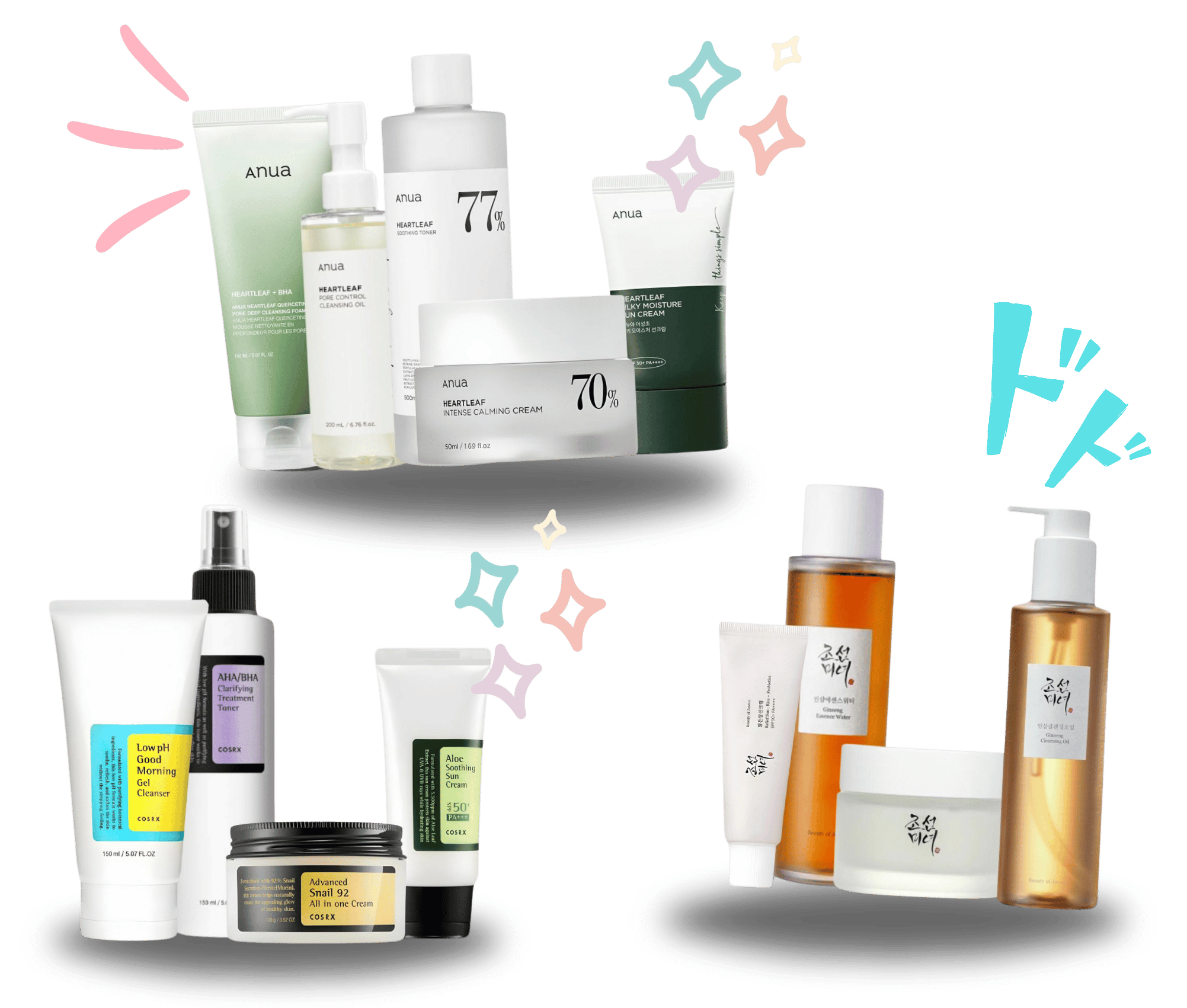 Premium Korean skincare sets: Anua Skincare Set, COSRX Skincare Set, and Beauty of Joseon Skincare Set – Hydrating, soothing, and brightening skincare for all skin types.